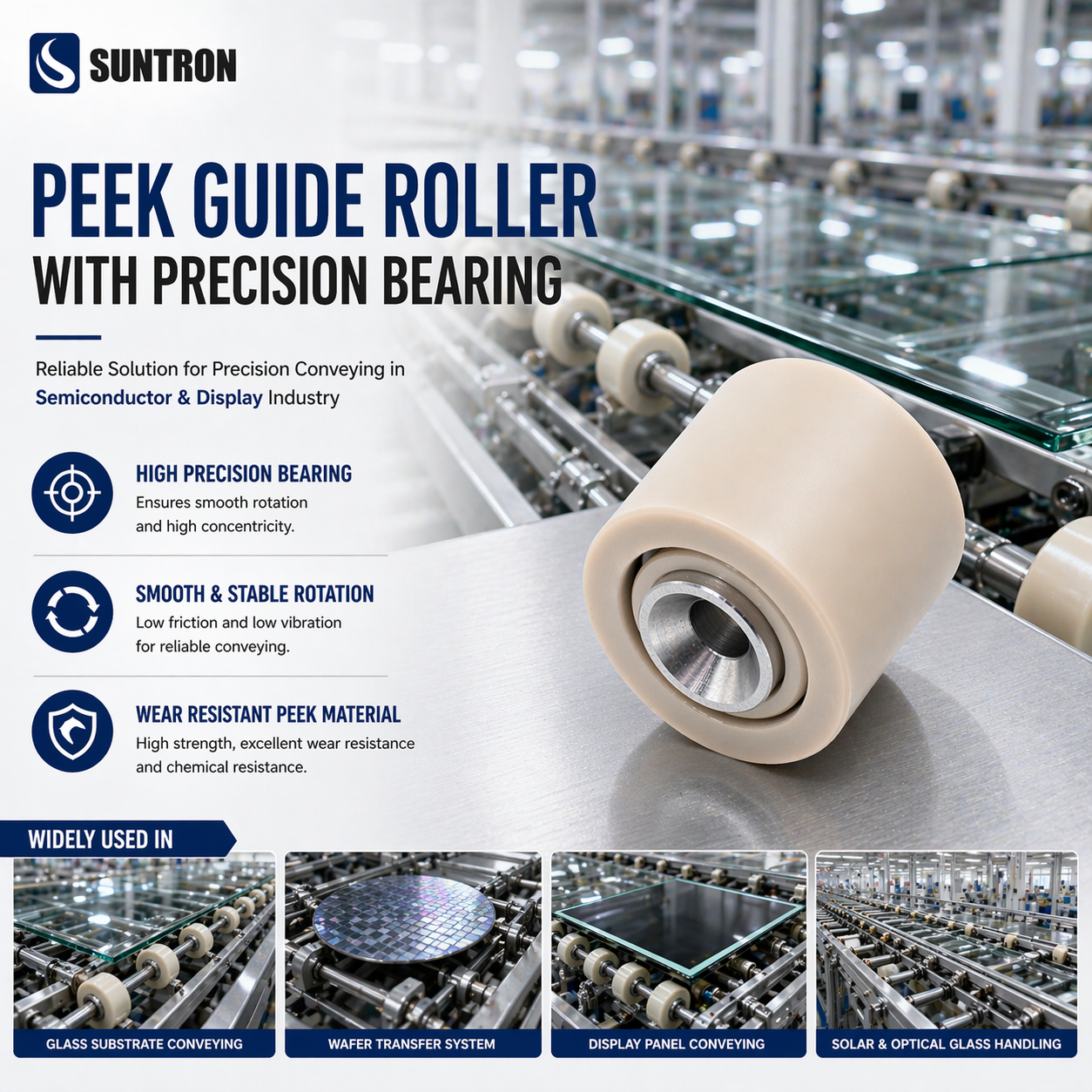 PEEK製コンベヤローラー 22mm 精密ベアリング付き – オートメーションシステム用低摩擦ガイドローラー