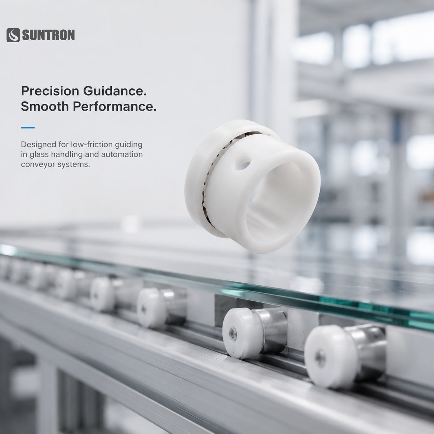 Precision CNC Machined POM Guide Roller with Glass Ball Raceway for Low-Friction Conveyor Systems
