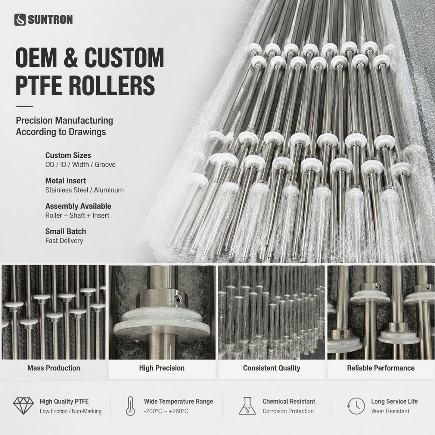 Custom PTFE Glass Conveyor Roller with Stainless Steel Insert for Laminated Glass Production Line