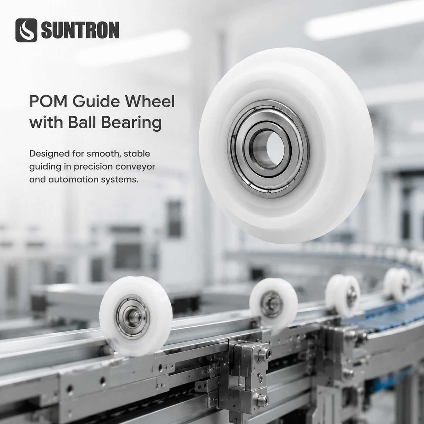 Precision CNC Machined POM Guide Wheel with Ball Bearing for Conveyor Systems