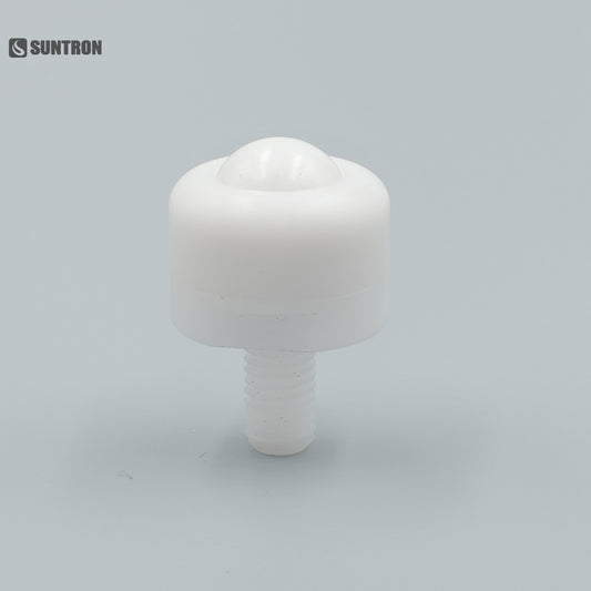 Precision POM spherical roller stud with integrated stainless steel ball, designed for smooth rolling contact, low friction movement, and stable mounting in automation and fixture systems.