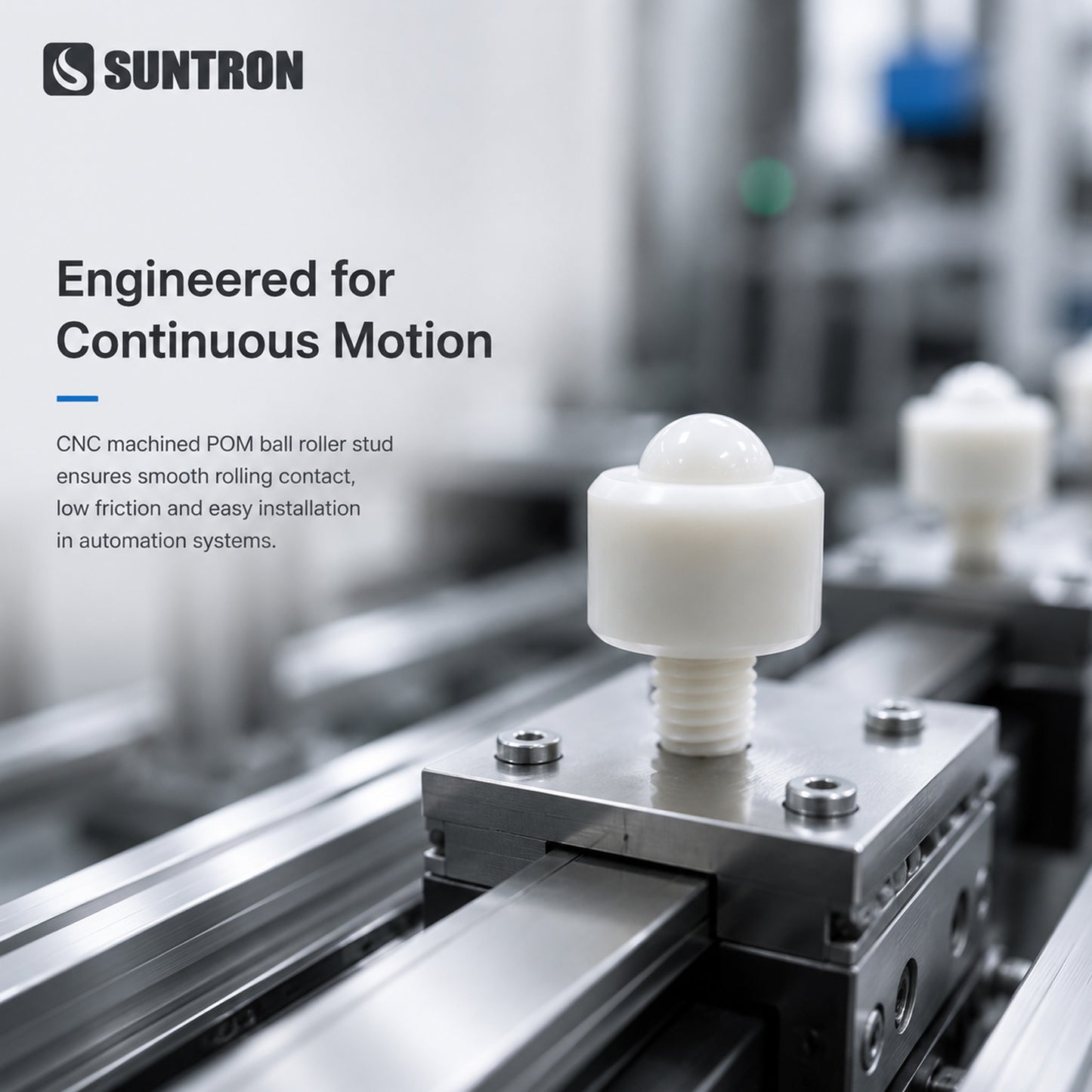 Precision POM spherical roller stud with integrated stainless steel ball, designed for smooth rolling contact, low friction movement, and stable mounting in automation and fixture systems.