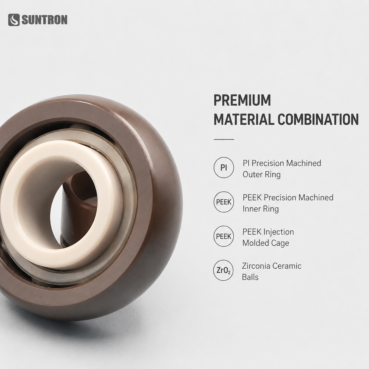 Crowned PI Guide Roller with PEEK Inner Ring and ZrO₂ Ceramic Balls