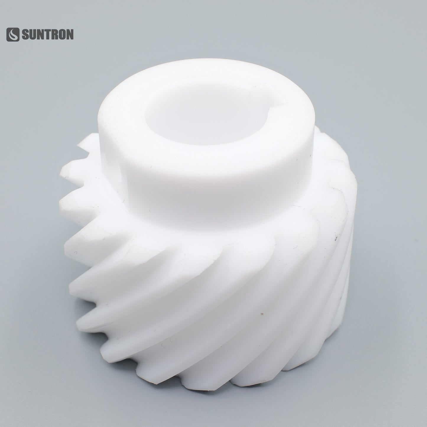 Custom CNC Machined PTFE Helical Gear with Precision Round Bore | Chemical Resistant Plastic Gear