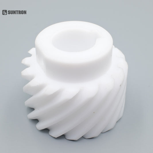 Custom CNC Machined PTFE Helical Gear with Precision Round Bore | Chemical Resistant Plastic Gear