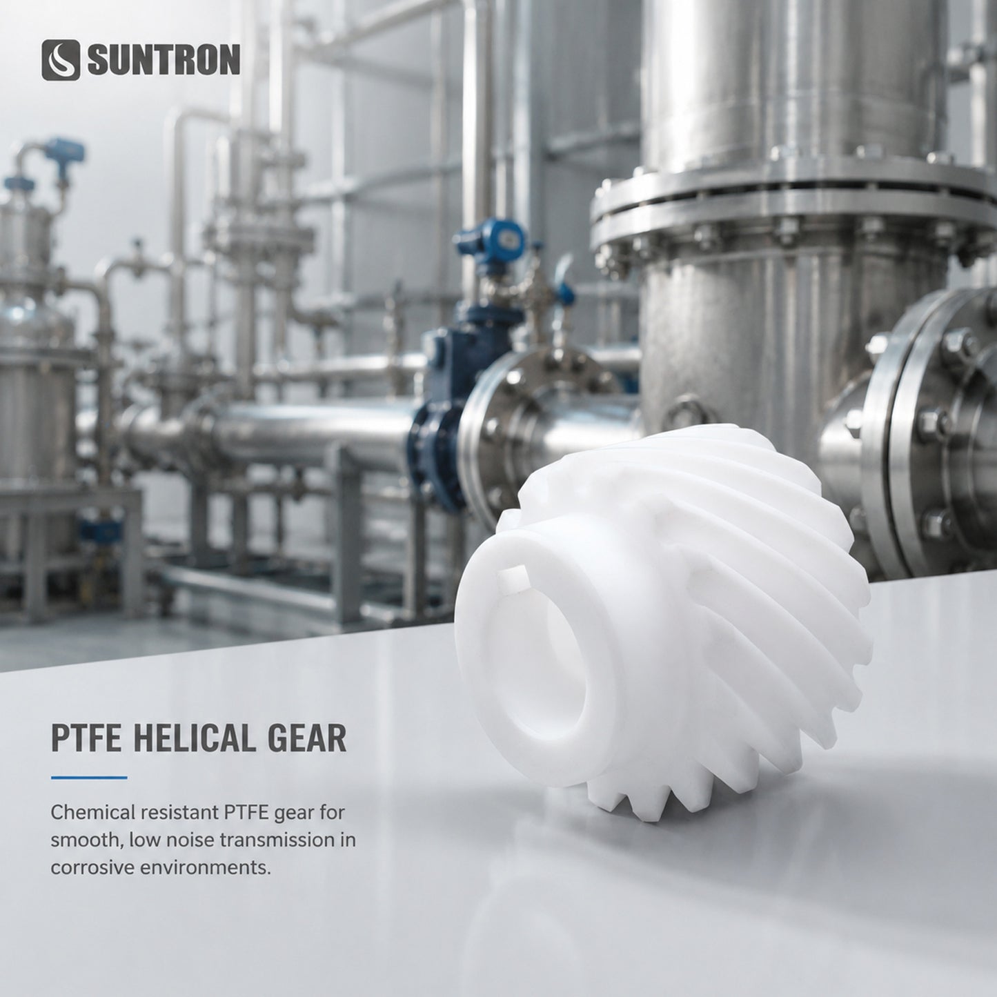 Custom CNC Machined PTFE Helical Gear with Precision Round Bore | Chemical Resistant Plastic Gear