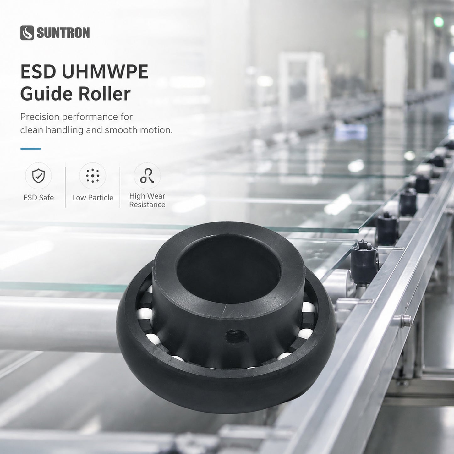 ESD UHMWPE Ceramic Guide Roller with Zirconia Balls for Cleanroom Motion Systems