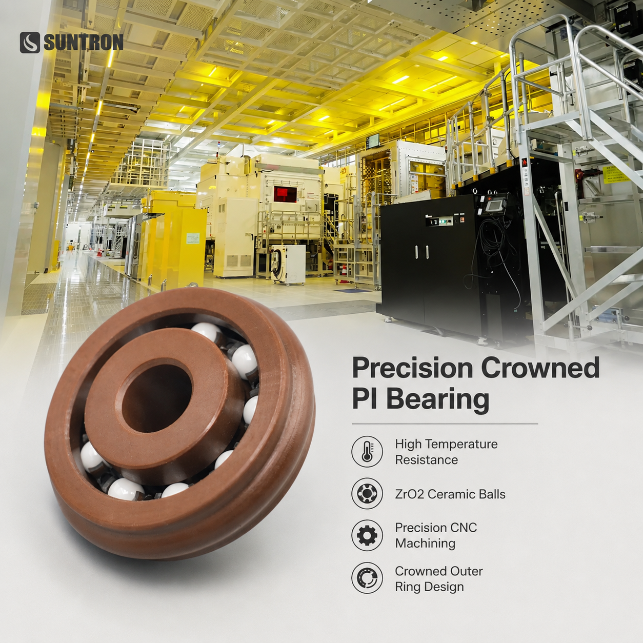Precision Polyimide Crowned Bearing for Cleanroom & Semiconductor Equipment