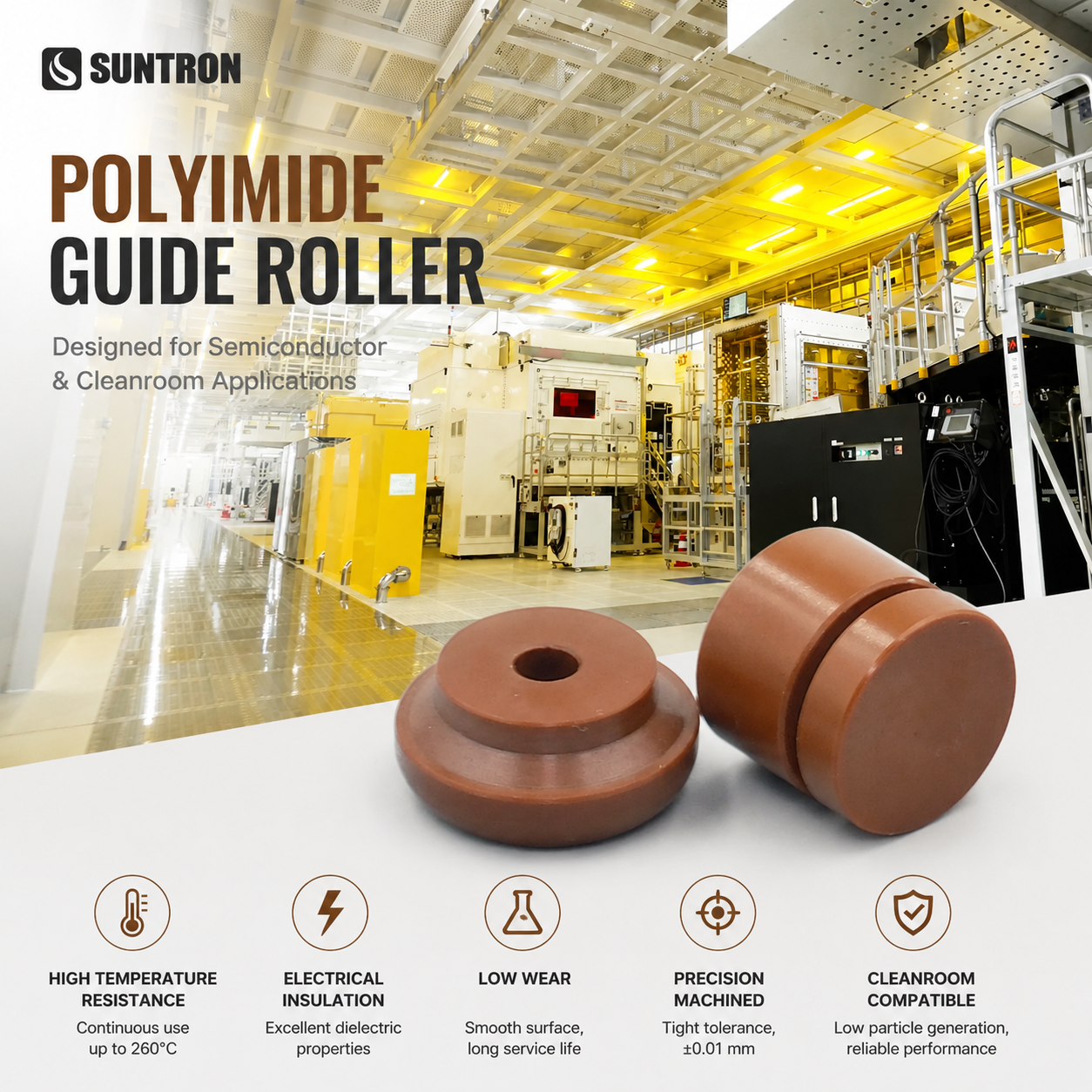 Custom Polyimide Guide Roller for Semiconductor & Cleanroom Equipment