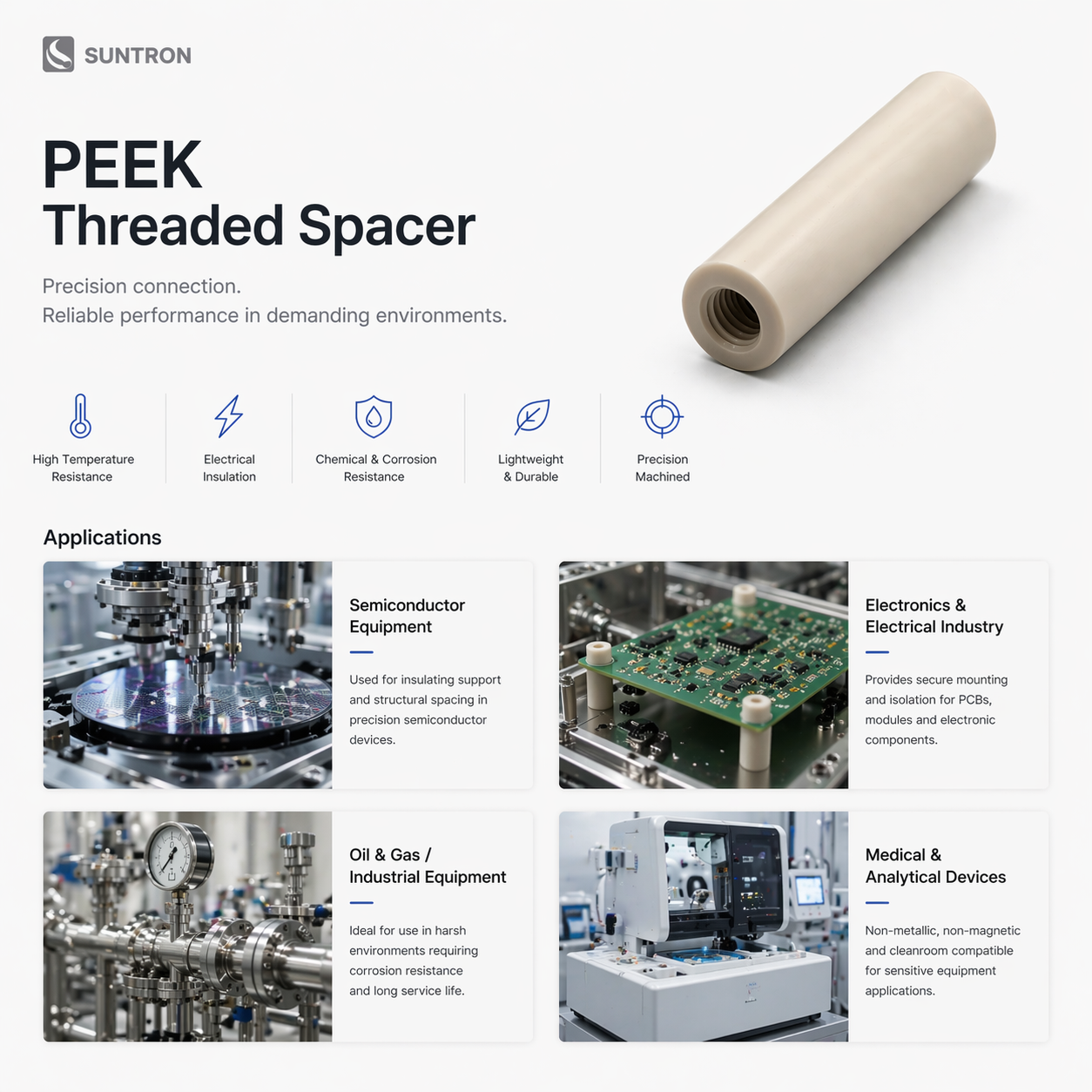 Custom PEEK Female Female Threaded Standoff CNC Machined High Temperature Insulating Spacer