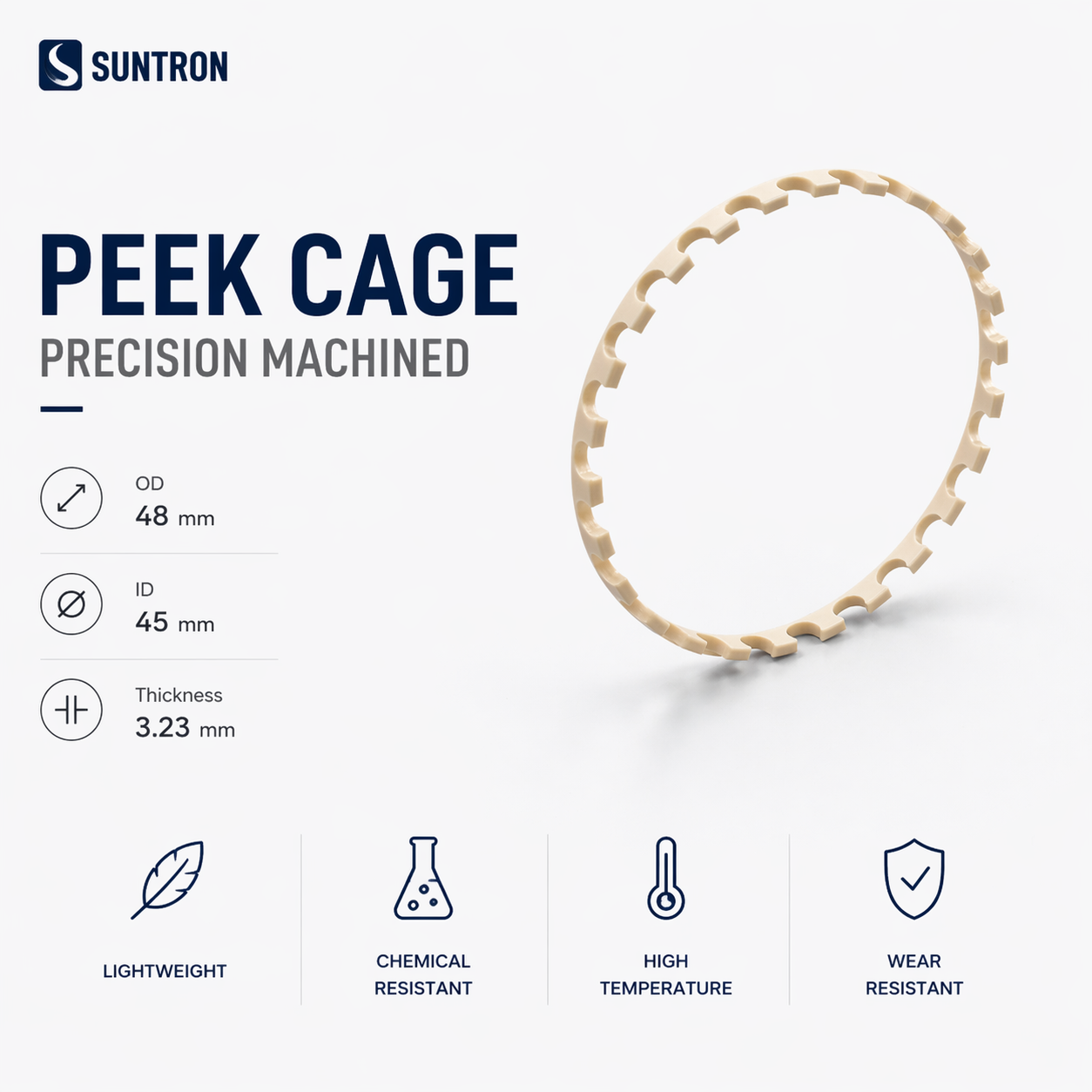 Custom CNC Machined PEEK Bearing Cage | Precision Plastic Bearing Retainer OD48 ID45