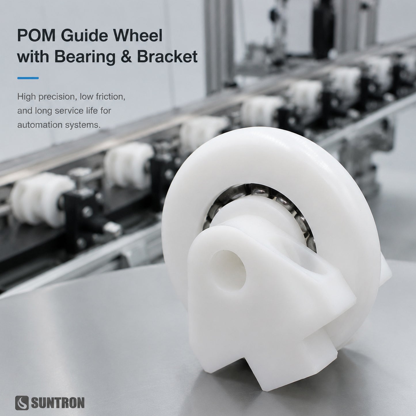CNC Machined POM Guide Wheel with Bearing & Bracket | Precision Conveyor Roller for Automation Systems