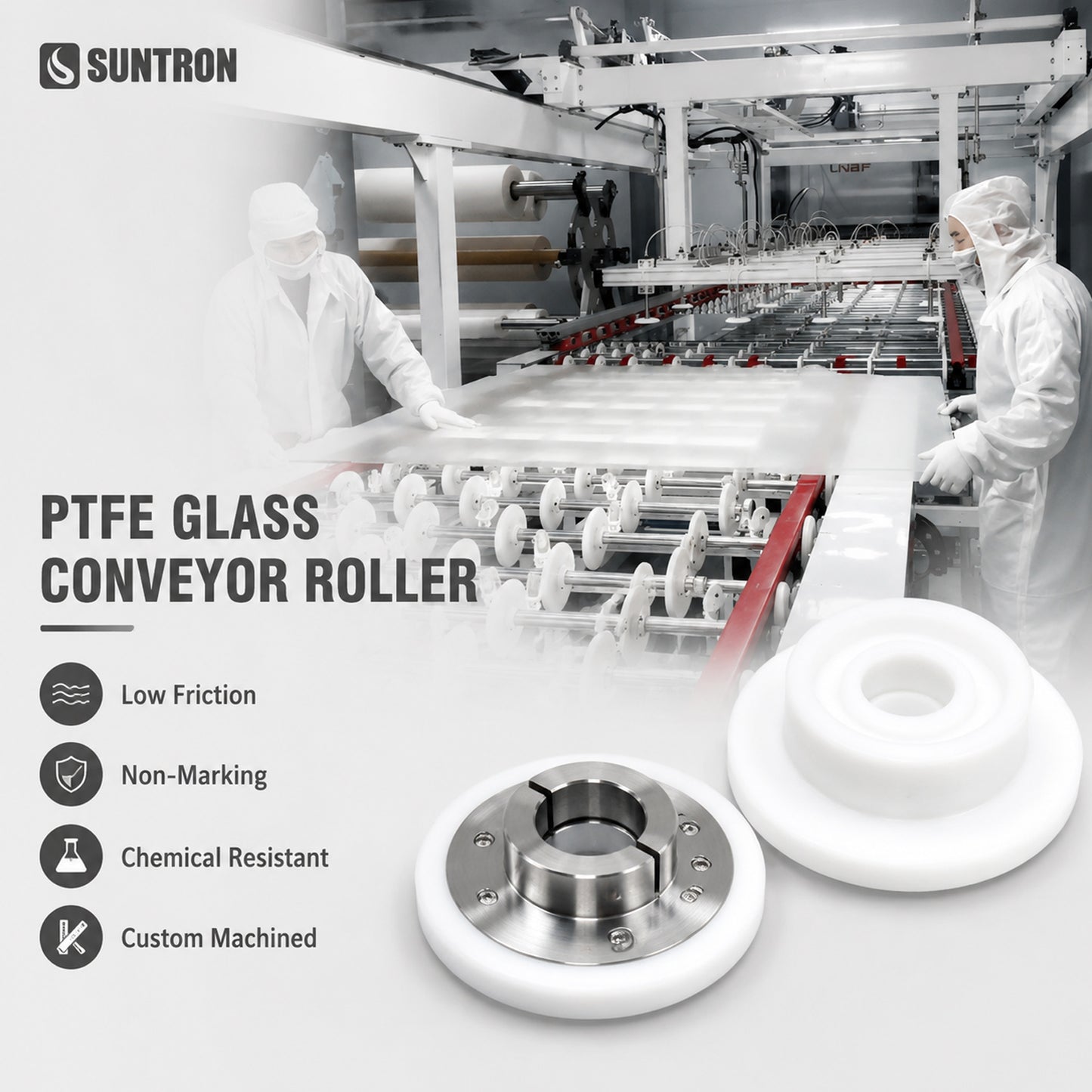 Custom PTFE Glass Conveyor Roller with Stainless Steel Insert for Laminated Glass Production Line