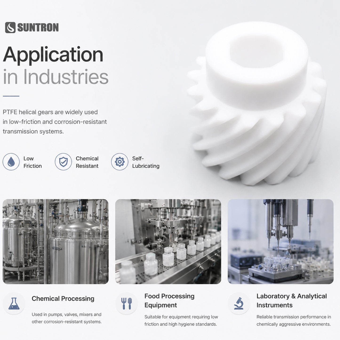 Custom CNC Machined PTFE Helical Gear Self-Lubricating Chemical Resistant Plastic Gear